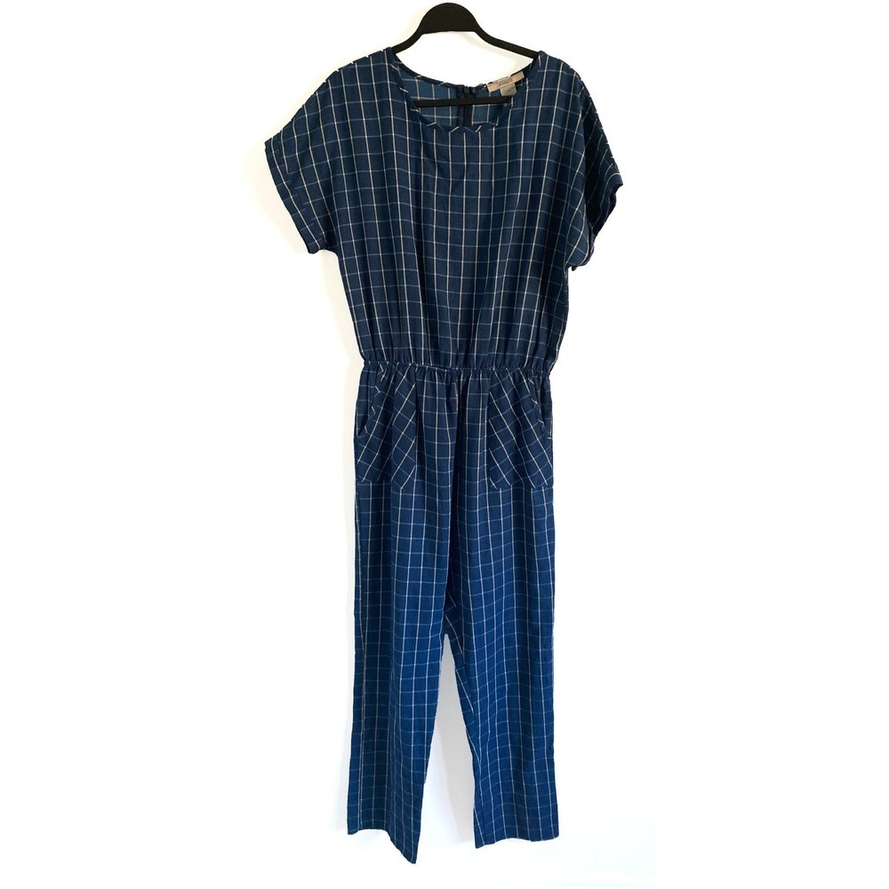 Antoinette Women's Blue Plaid Cotton Jumpsuit‎ Elastic Waist Pockets Cap Sleeves